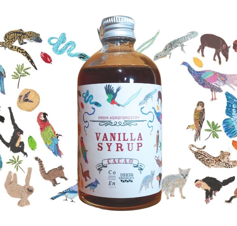 看板商品のバニラシロップにチョコレート屋さんで残渣となってしまうカカオハスクを漬け込みました。
濃厚なカカオの香りとバニラの甘さが重なり、やさしいチョコレートのような味わいに仕上げています。

■アグロフォレストリーのカカオ
使用しているカカオハスクは、Bean to Bar（※1）の日本での草分け的存在、𝗡𝗮𝗵𝘂𝗶 𝗫𝗼𝗰𝗼𝗹𝗮𝘁𝗹より分けていただいたグアテマラ産のもの。バニラビーンズと同じく、アグロフォレストリー（※2）で育てられたカカオです。農園の美しさや、生産者の人柄・考え方に心を打たれたことが、𝗡𝗮𝗵𝘂𝗶 𝗫𝗼𝗰𝗼𝗹𝗮𝘁𝗹の原点だといいます。グアテマラとマダガスカル。産地は違えど、自然と共生する農園に魅了された両者の想いを、このシロップに込めました。
